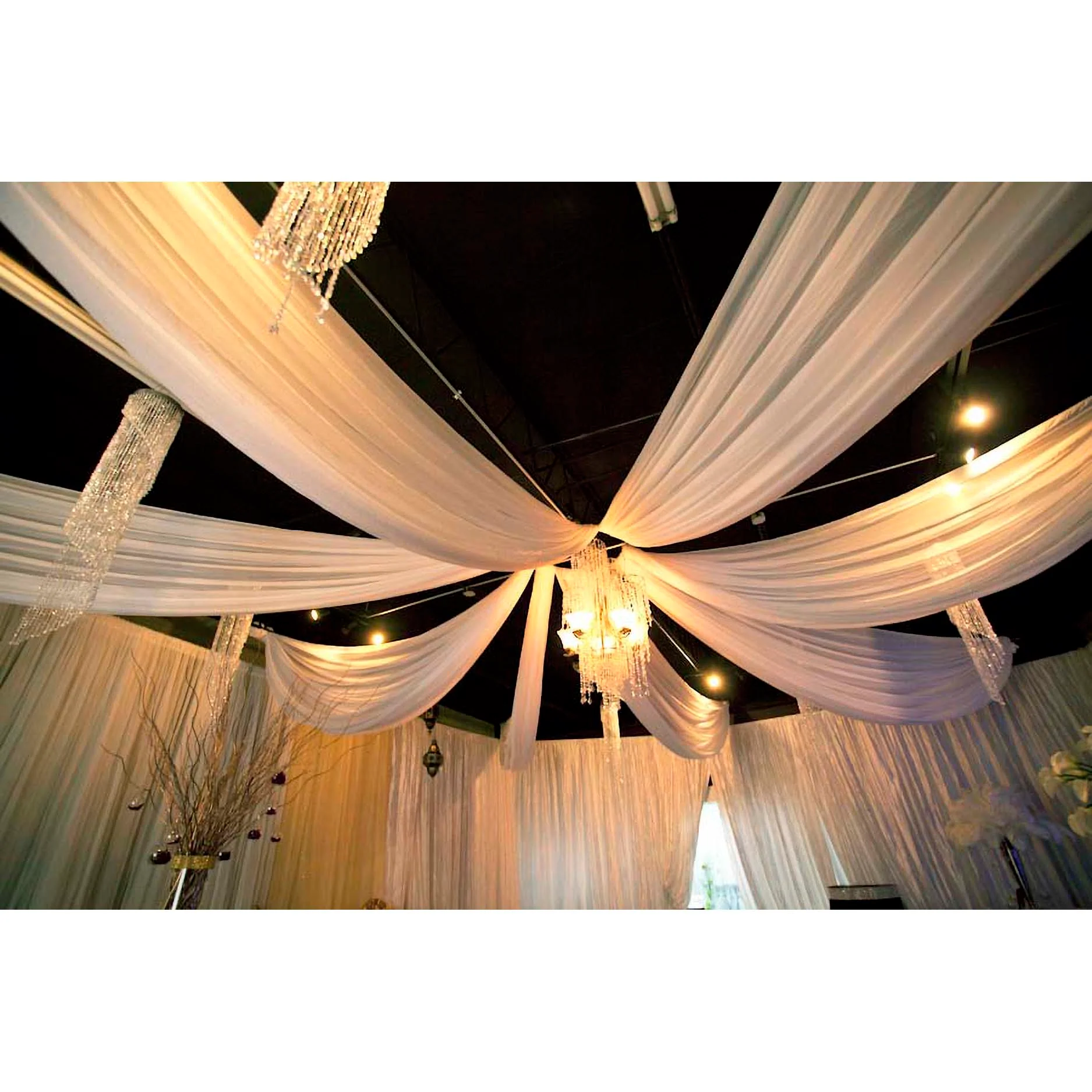 12pc Ceiling Drape Package (Ice Silk Satin & Cross Centre Ring) - White - Image 4