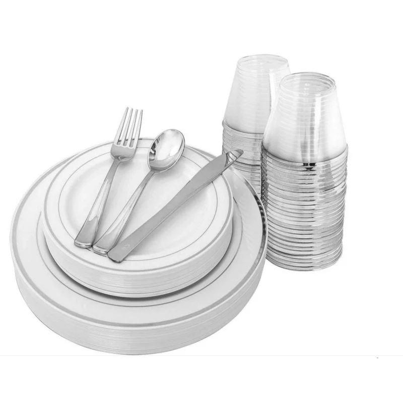 Plastic Dinner Plate Set -  Plates, Cups, Cutlery - Silver & White (150pc / 25 Person)
