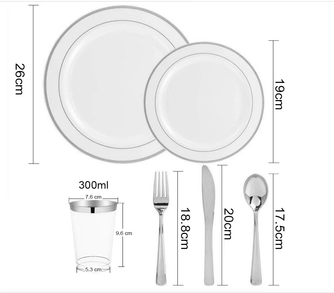 Plastic Dinner Plate Set -  Plates, Cups, Cutlery - Silver & White (150pc / 25 Person) - Image 2