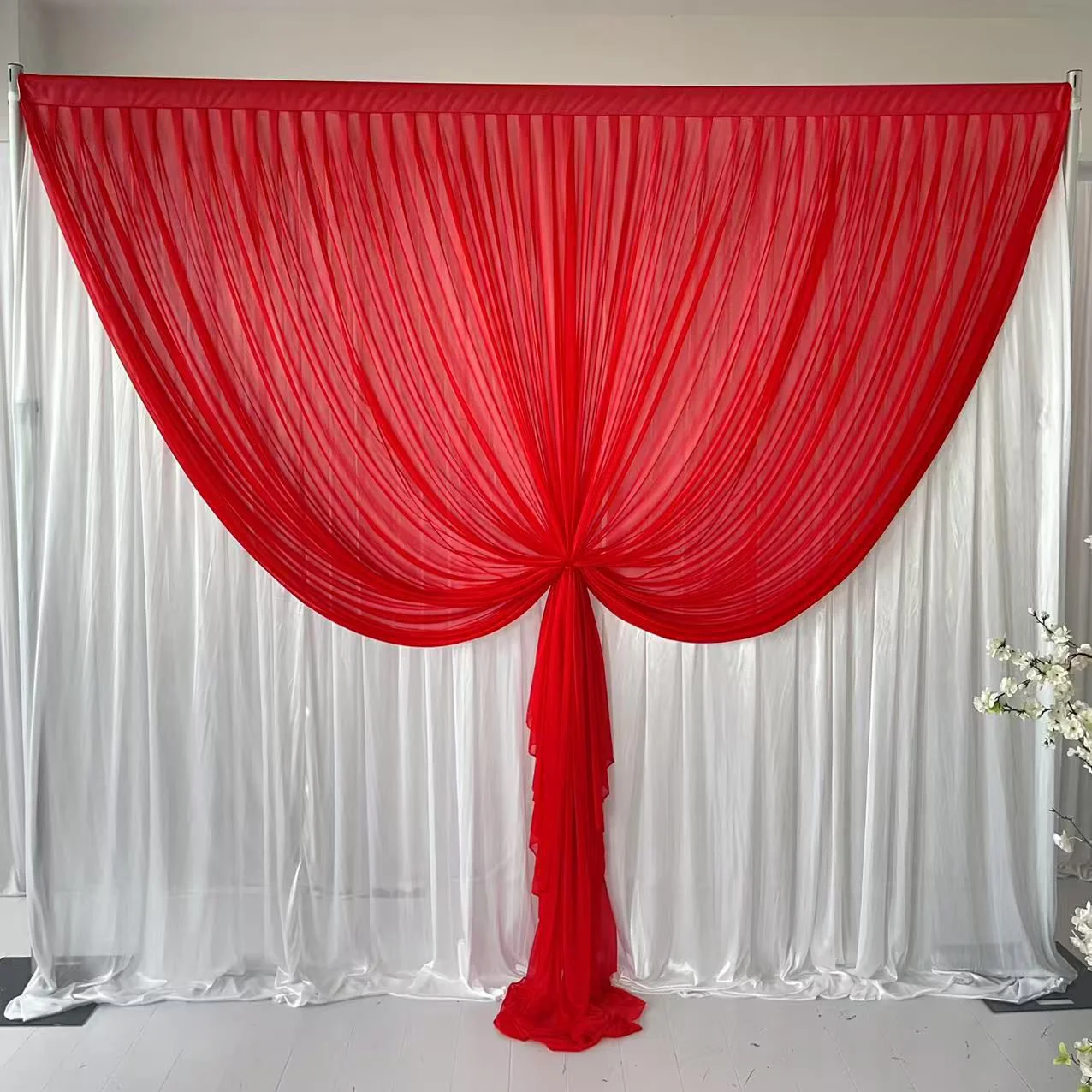 Beauty Organza Backdrop Curtain with Ice Silk Satin Backing  - Red & White (3x3m) - Image 2