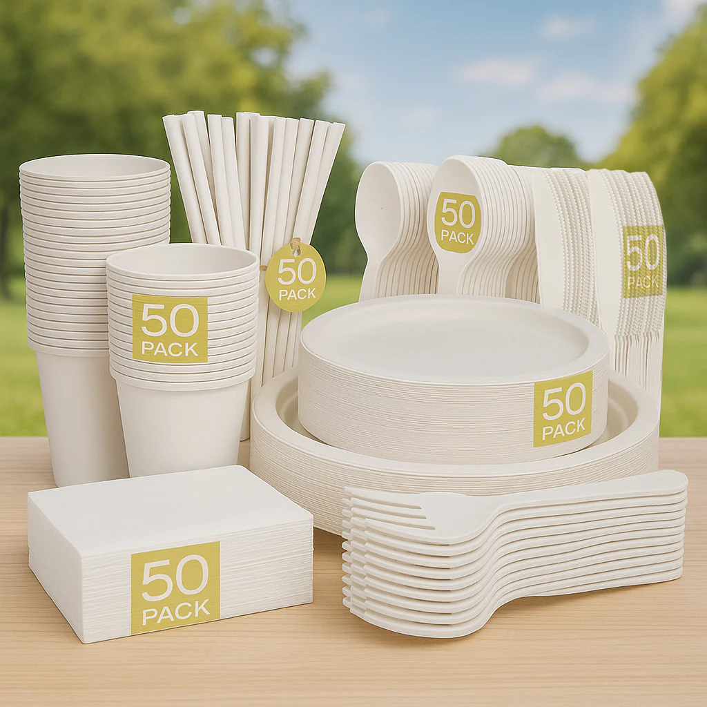 CLEARANCE Biodegradable Dinner Set - White - Plates, Cutlery, Napkins, Cups & Straws (400pc)