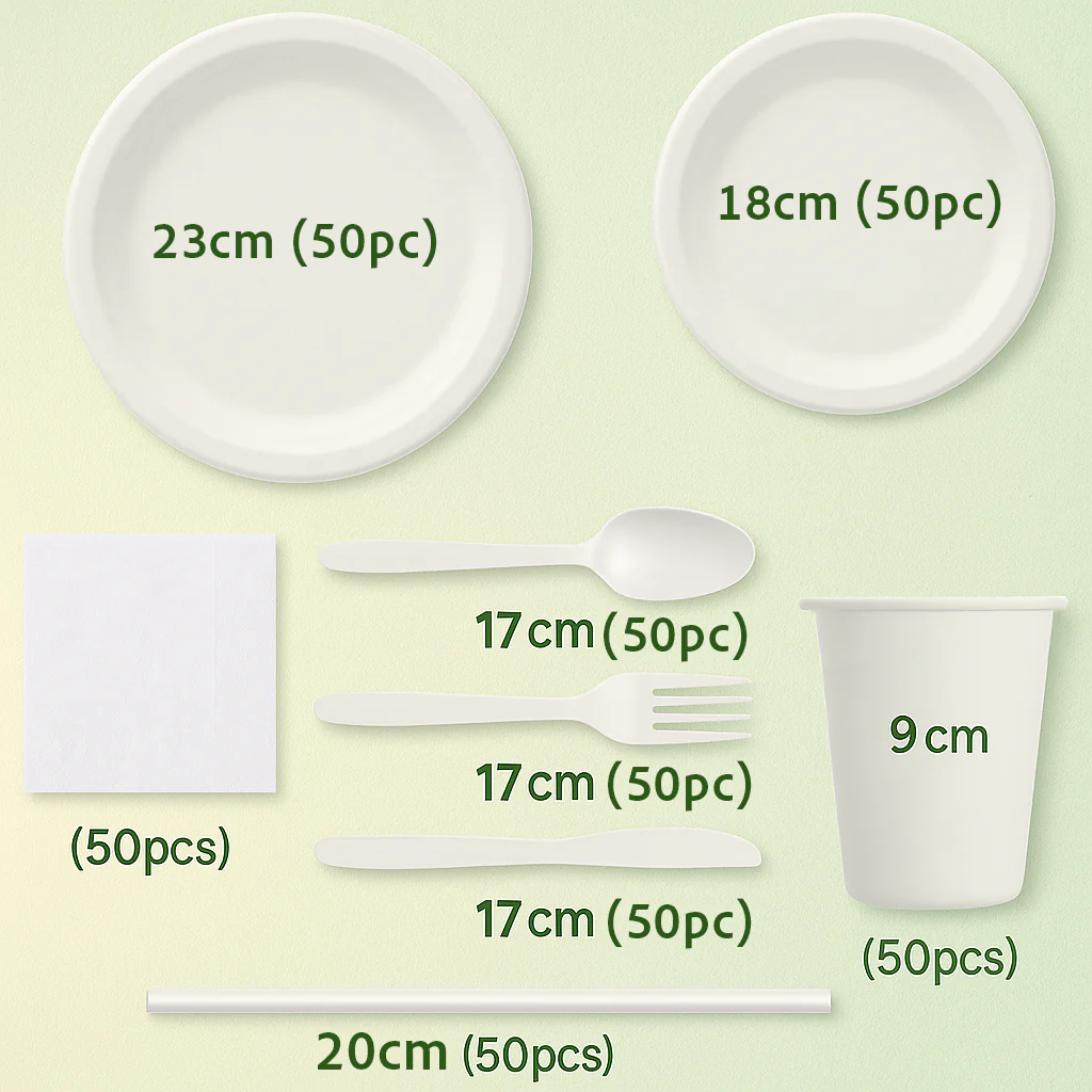 CLEARANCE Biodegradable Dinner Set - White - Plates, Cutlery, Napkins, Cups & Straws (400pc) - Image 2