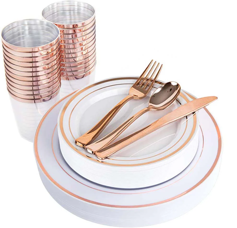 Plastic Dinner Plate Set -  Plates, Cups, Cutlery - Rose Gold & White (150pc / 25 Person)