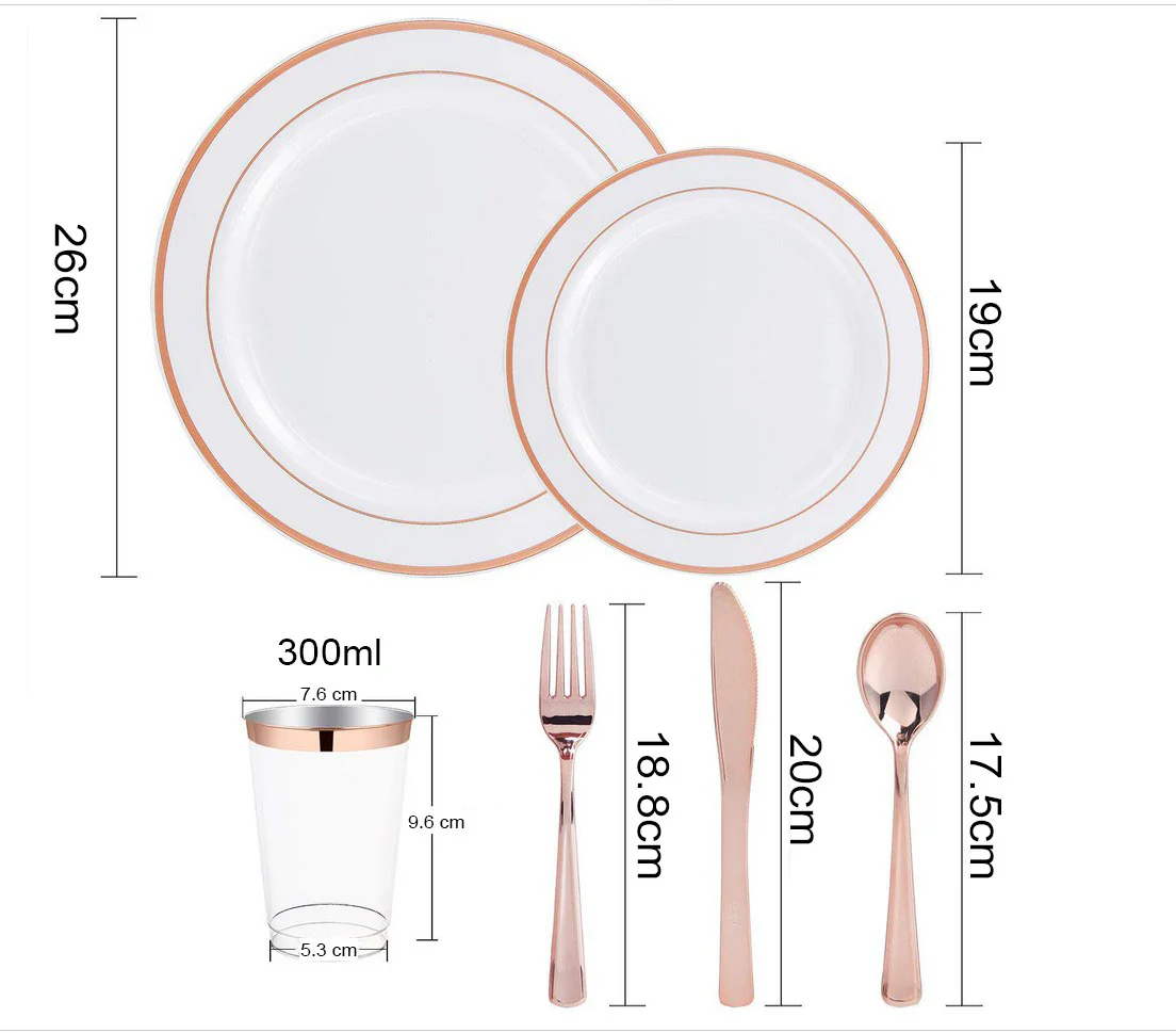 Plastic Dinner Plate Set -  Plates, Cups, Cutlery - Rose Gold & White (150pc / 25 Person) - Image 2
