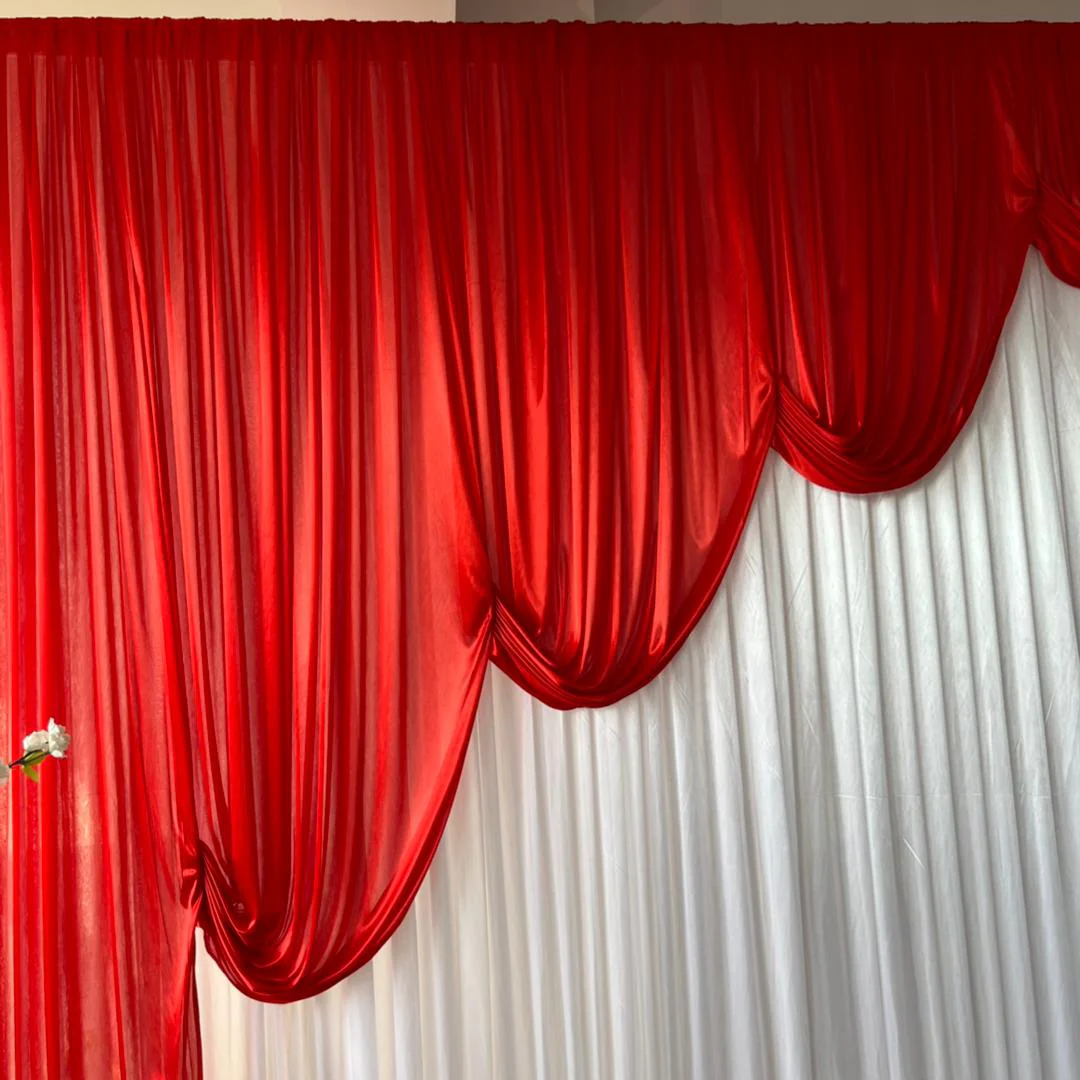Ice Silk Event Backdrop with Venetian Contour Stage Curtain / Valance Swag - Red & White (6x3m) - Image 3