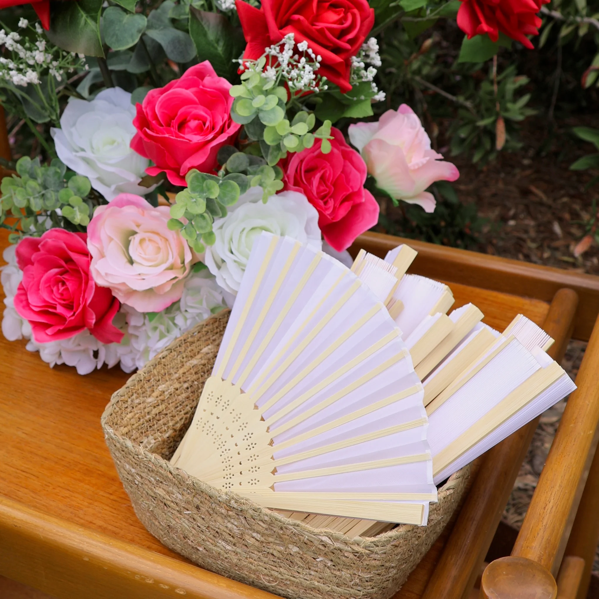 Folding Hand Fan - Paper - White (42x23cm) - Image 2