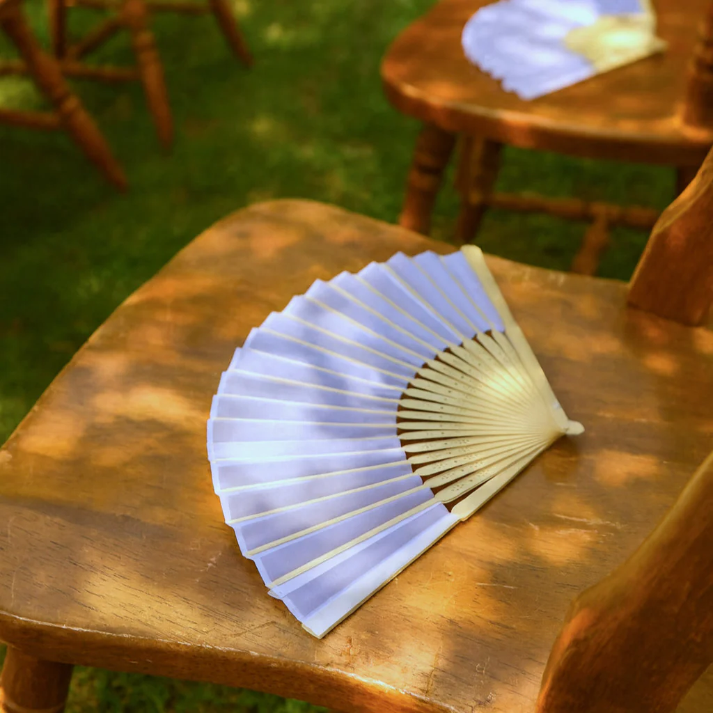 Folding Hand Fan - Silk - White (42x23cm) - Image 2