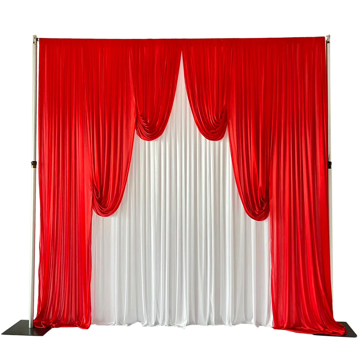 Ice Silk Event Backdrop with Venetian Contour Stage Curtain / Valance Swag - Red & White (3x3m)