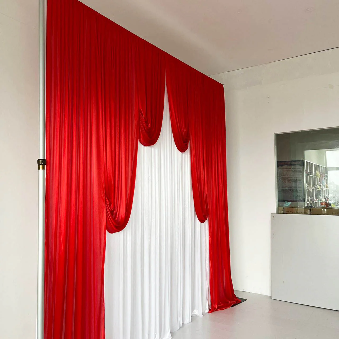 Ice Silk Event Backdrop with Venetian Contour Stage Curtain / Valance Swag - Red & White (3x3m) - Image 2