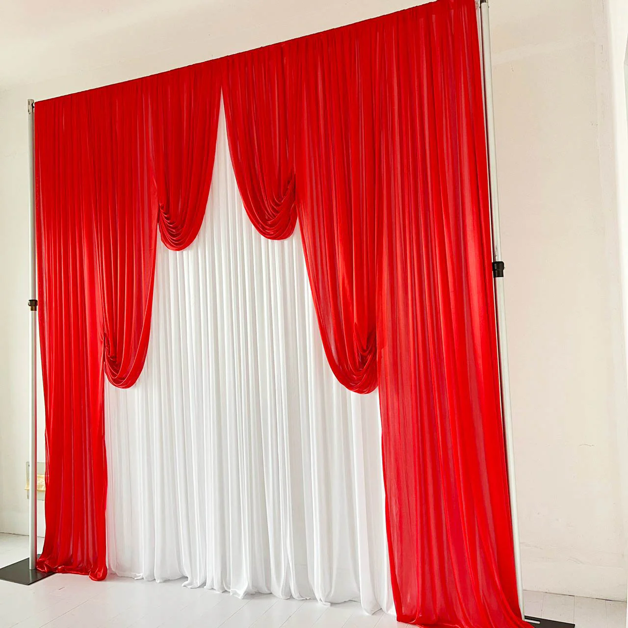 Ice Silk Event Backdrop with Venetian Contour Stage Curtain / Valance Swag - Red & White (3x3m) - Image 3