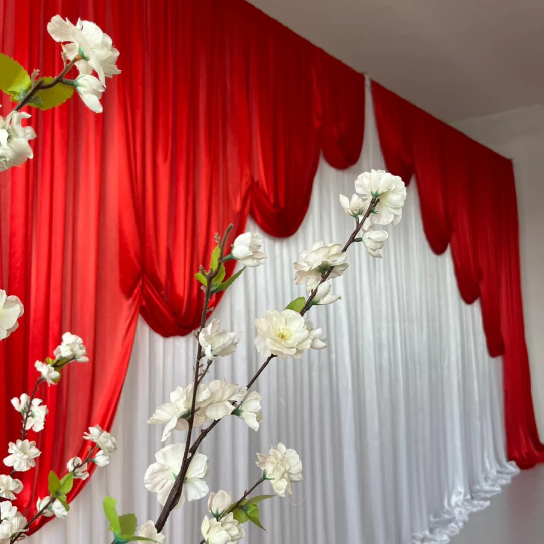 Ice Silk Event Backdrop with Venetian Contour Stage Curtain / Valance Swag - Red & White (3x3m) - Image 6