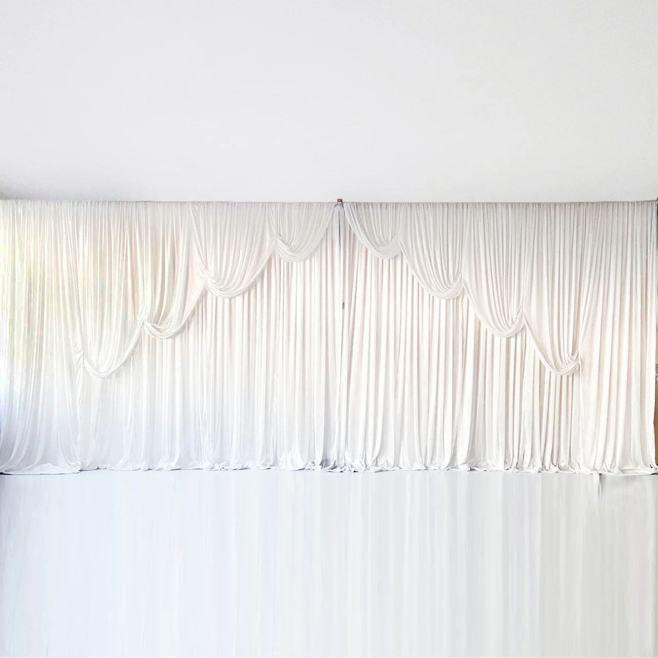 Ice Silk Event Backdrop with Venetian Contour Stage Curtain / Valance Swag - White (6x3m)