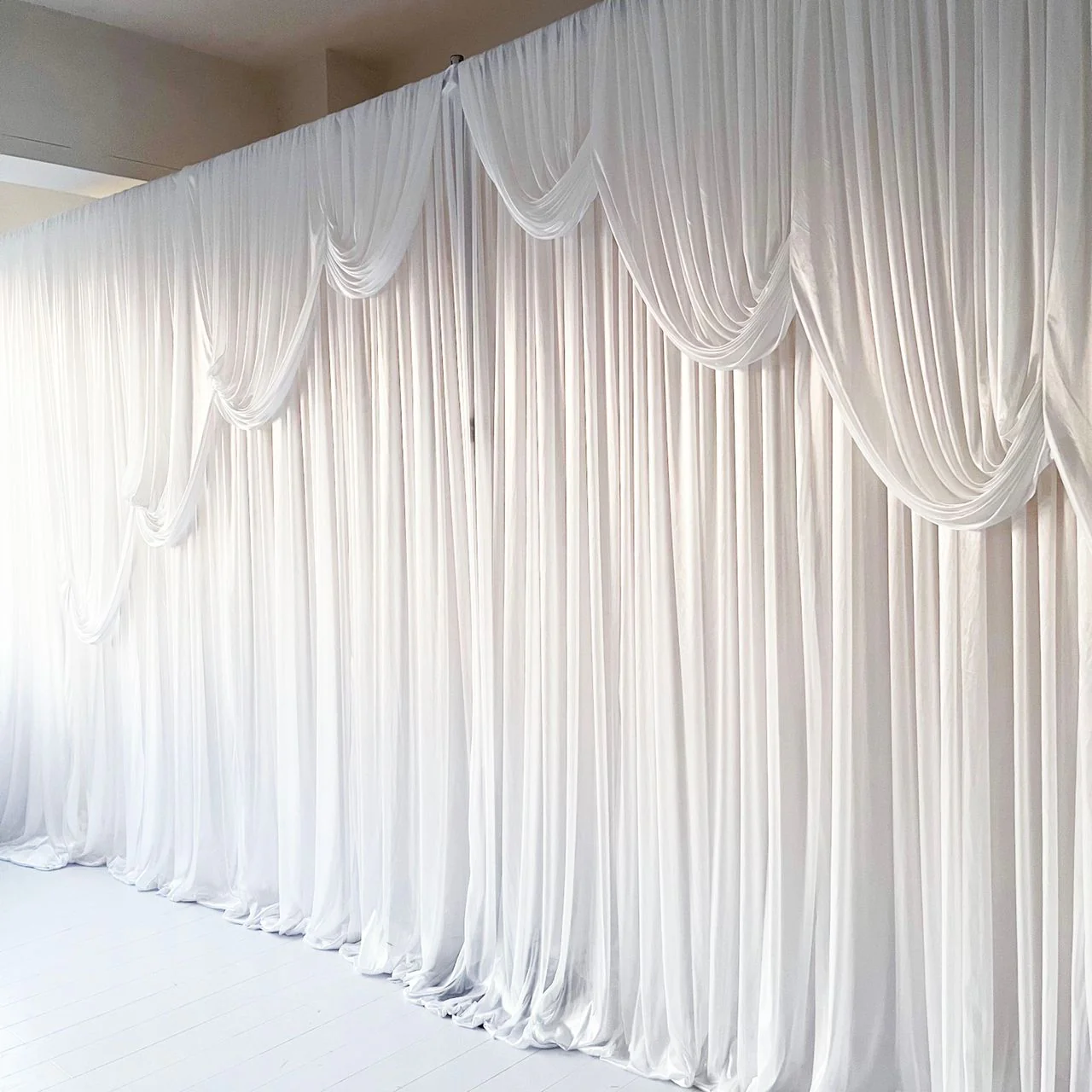 Ice Silk Event Backdrop with Venetian Contour Stage Curtain / Valance Swag - White (6x3m) - Image 2