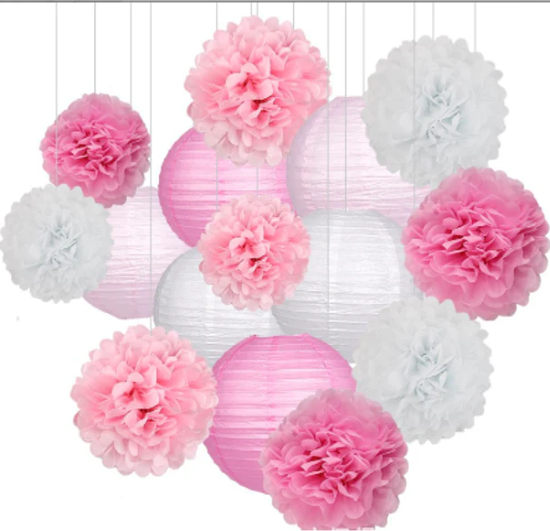 Paper Lantern & Pom Pom Set - Pastel Pink
