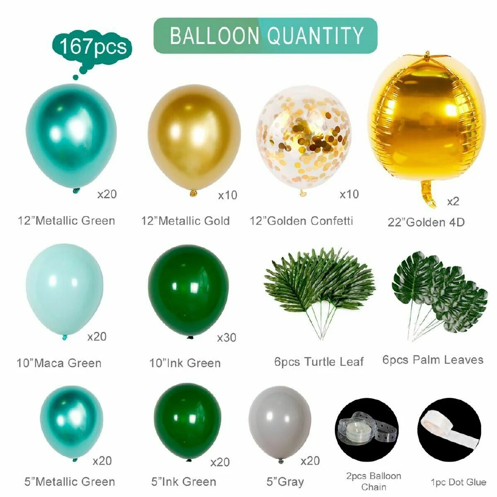 CLEARANCE Balloon Garland Kit - Jungle - Green & Gold with Leaves (167pc) - Image 2
