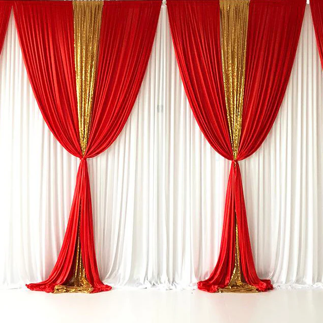 Ice Silk & Sequin Layered Backdrop Curtain - Red & Gold (3x3m)