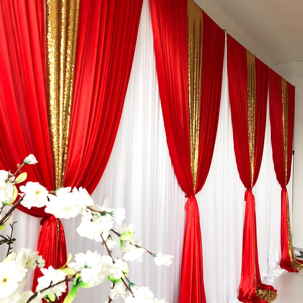 Ice Silk & Sequin Layered Backdrop Curtain - Red & Gold (3x3m) - Image 2