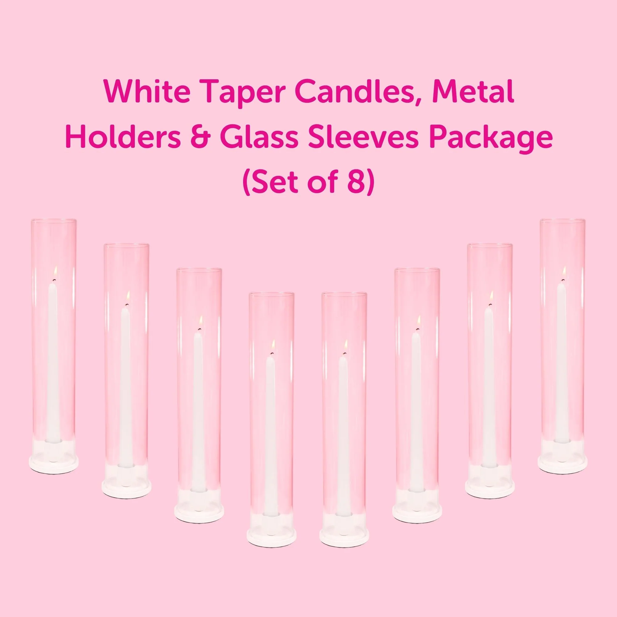 White Taper Candles, Metal Holders & Glass Sleeves Package (Set of 8)