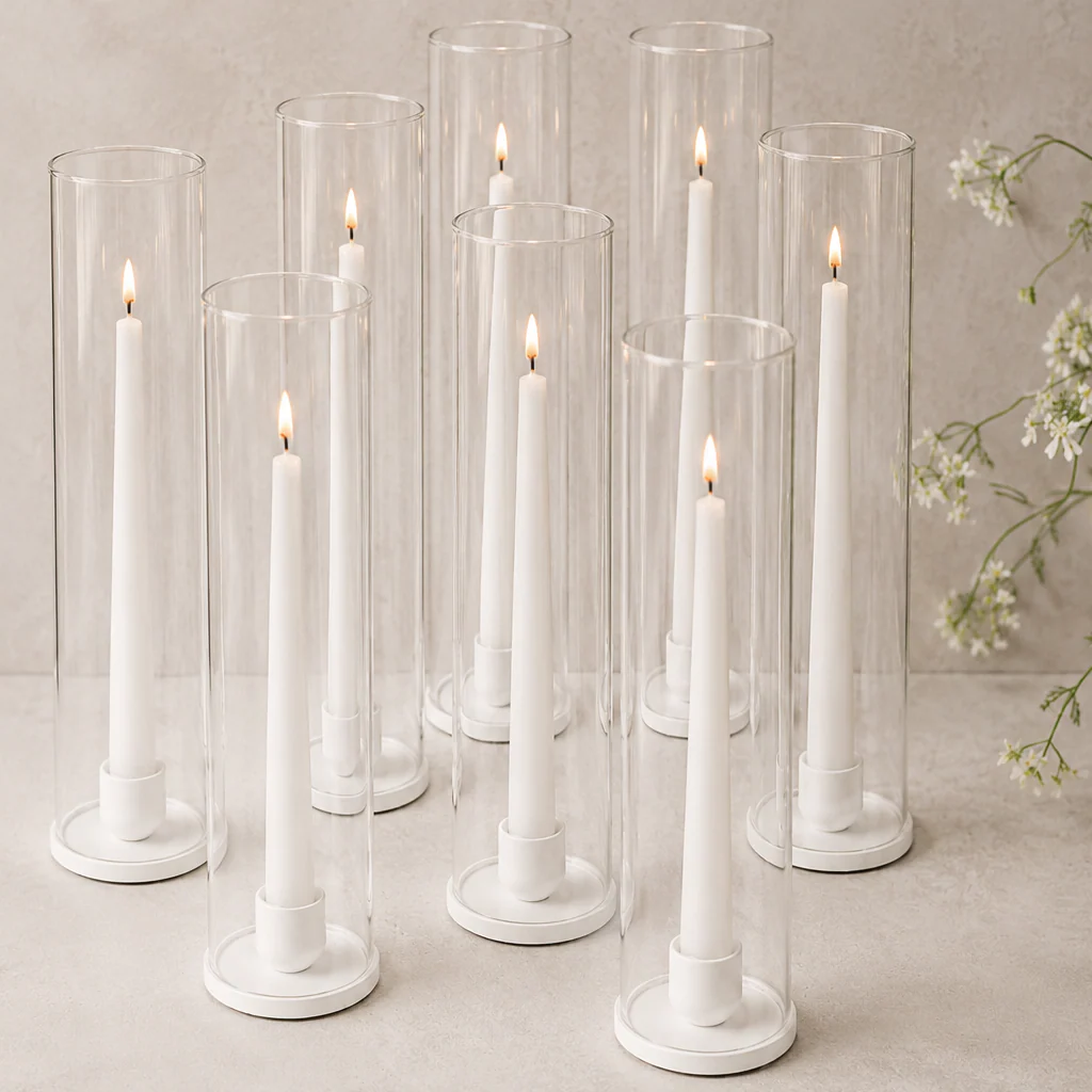 White Taper Candles, Metal Holders & Glass Sleeves Package (Set of 8) - Image 2